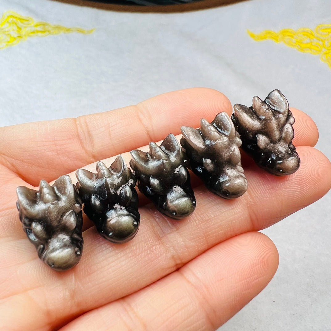 Mini Silver obsidian dragon head Carving crystal carving