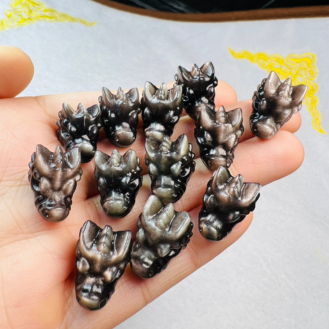 Mini Silver obsidian dragon head Carving crystal carving