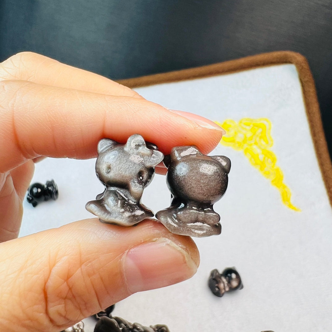 Mini Silver obsidian Sanrio Hello Kitty Carving crystal carving