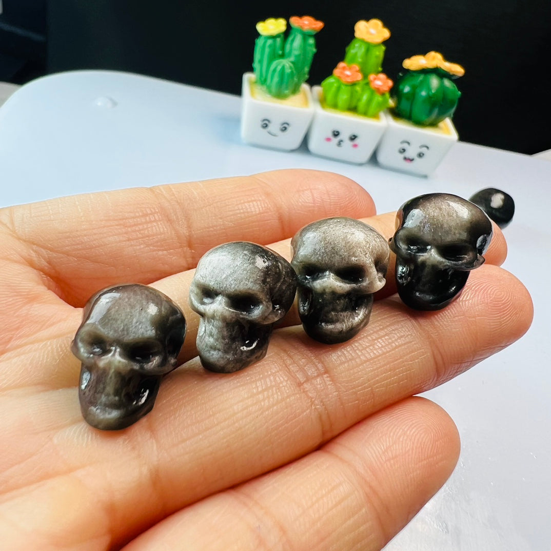 Mini Silver obsidian skull Carving crystal carving