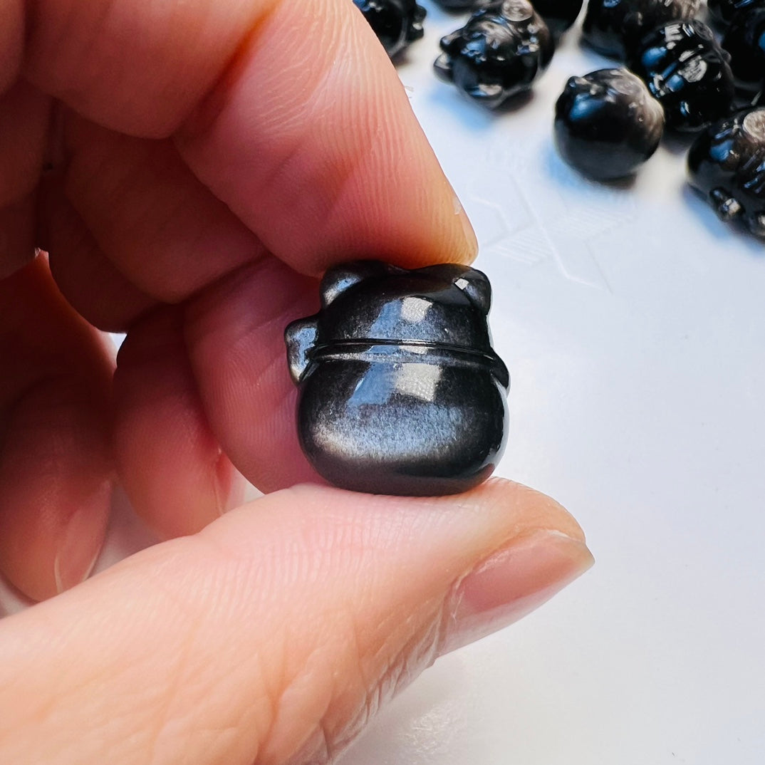 Mini Silver obsidian lucky cat maneki-neko Carving crystal carving