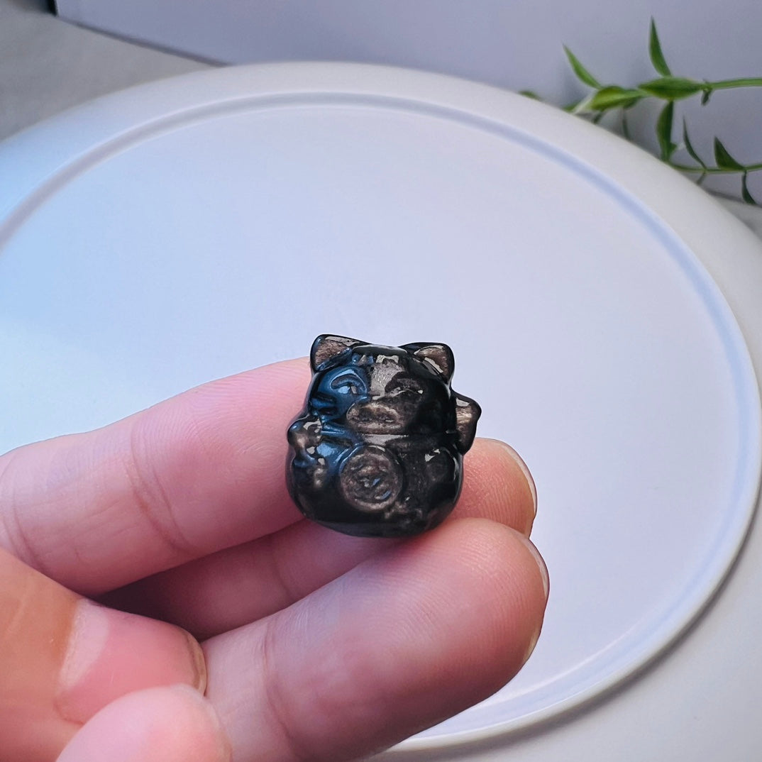 Mini Silver obsidian lucky cat maneki-neko Carving crystal carving