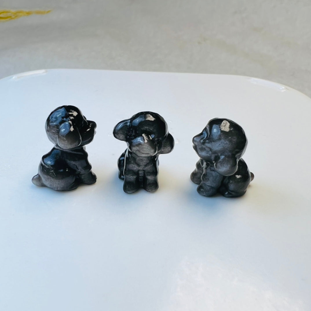 Mini Silver obsidian Teddy bear dog Carving crystal carving