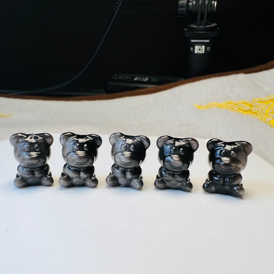 Mini Silver obsidian Lotso Bear Carving crystal carving