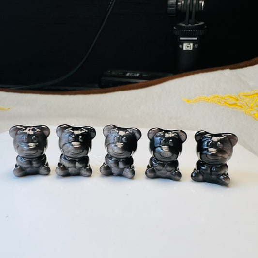 Mini Silver obsidian Lotso Bear Carving crystal carving