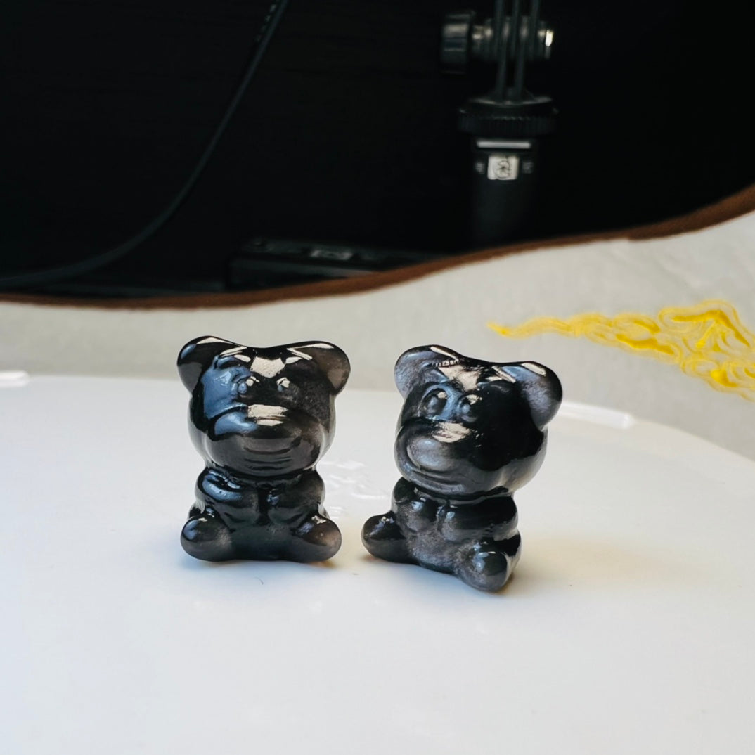 Mini Silver obsidian Lotso Bear Carving crystal carving