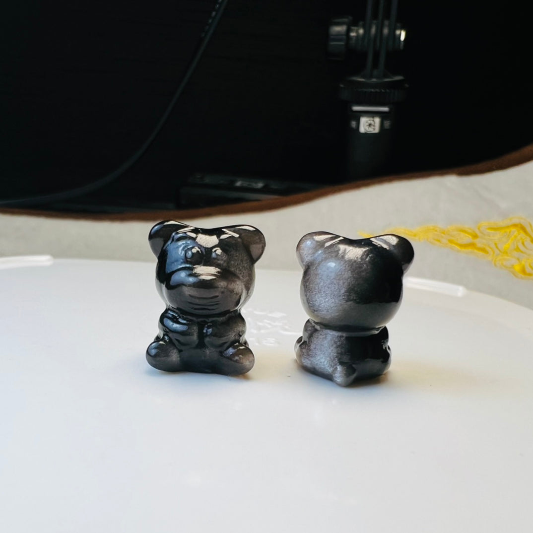 Mini Silver obsidian Lotso Bear Carving crystal carving