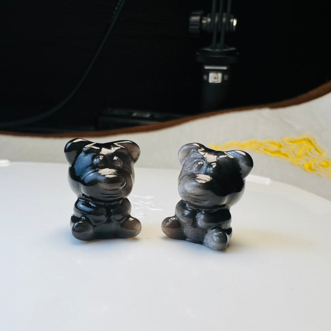 Mini Silver obsidian Lotso Bear Carving crystal carving