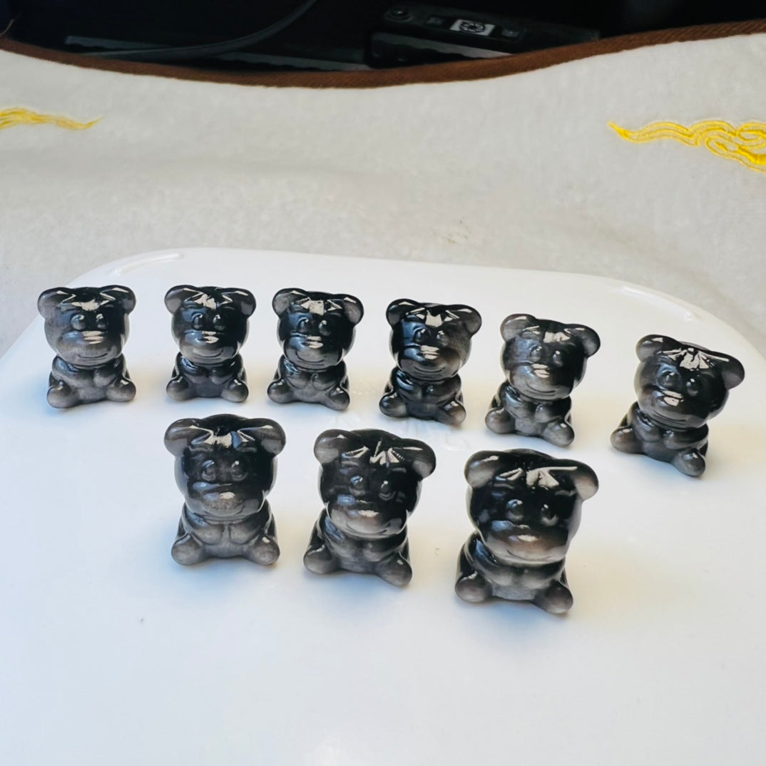 Mini Silver obsidian Lotso Bear Carving crystal carving