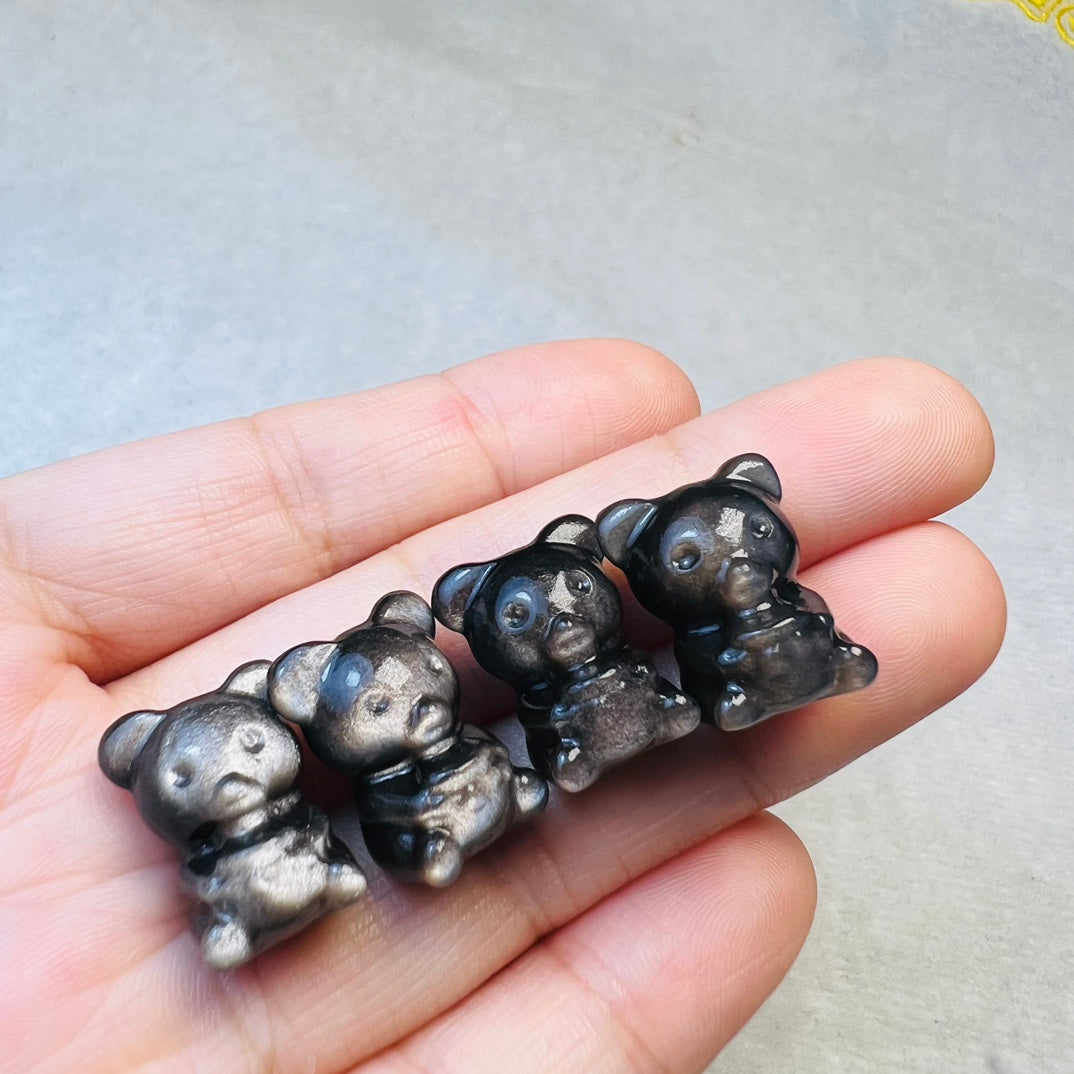 Mini Silver obsidian Honey Pot Bear Carving crystal carving