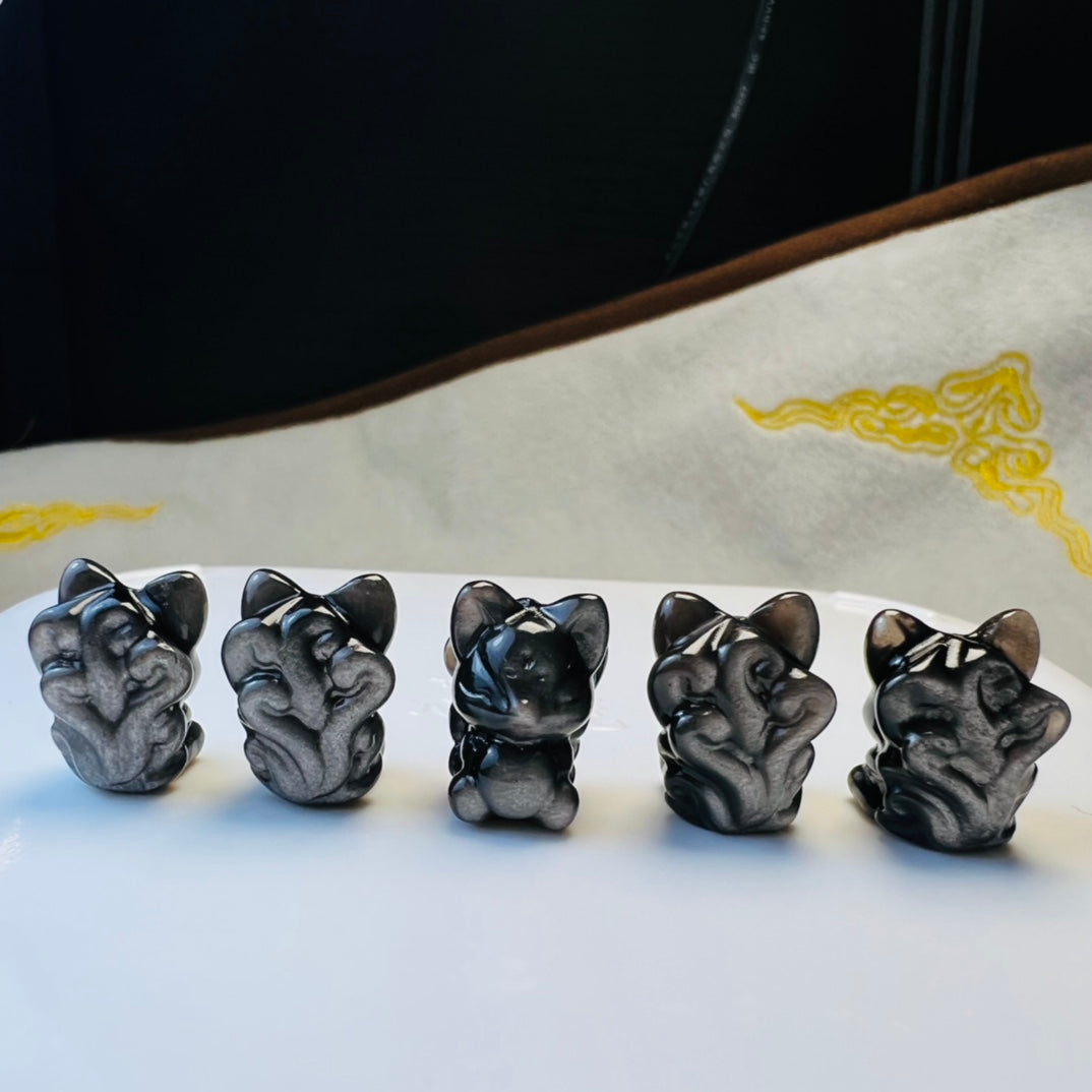 Mini Silver obsidian Fox Carving crystal carving