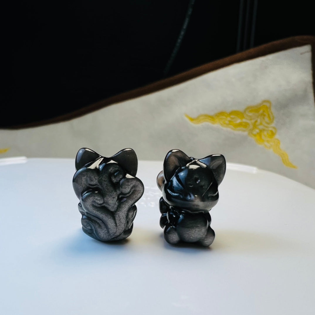 Mini Silver obsidian Fox Carving crystal carving