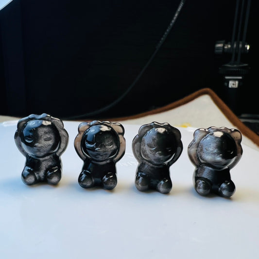 Mini Silver obsidian Bear Doesn't listen Carving crystal carving