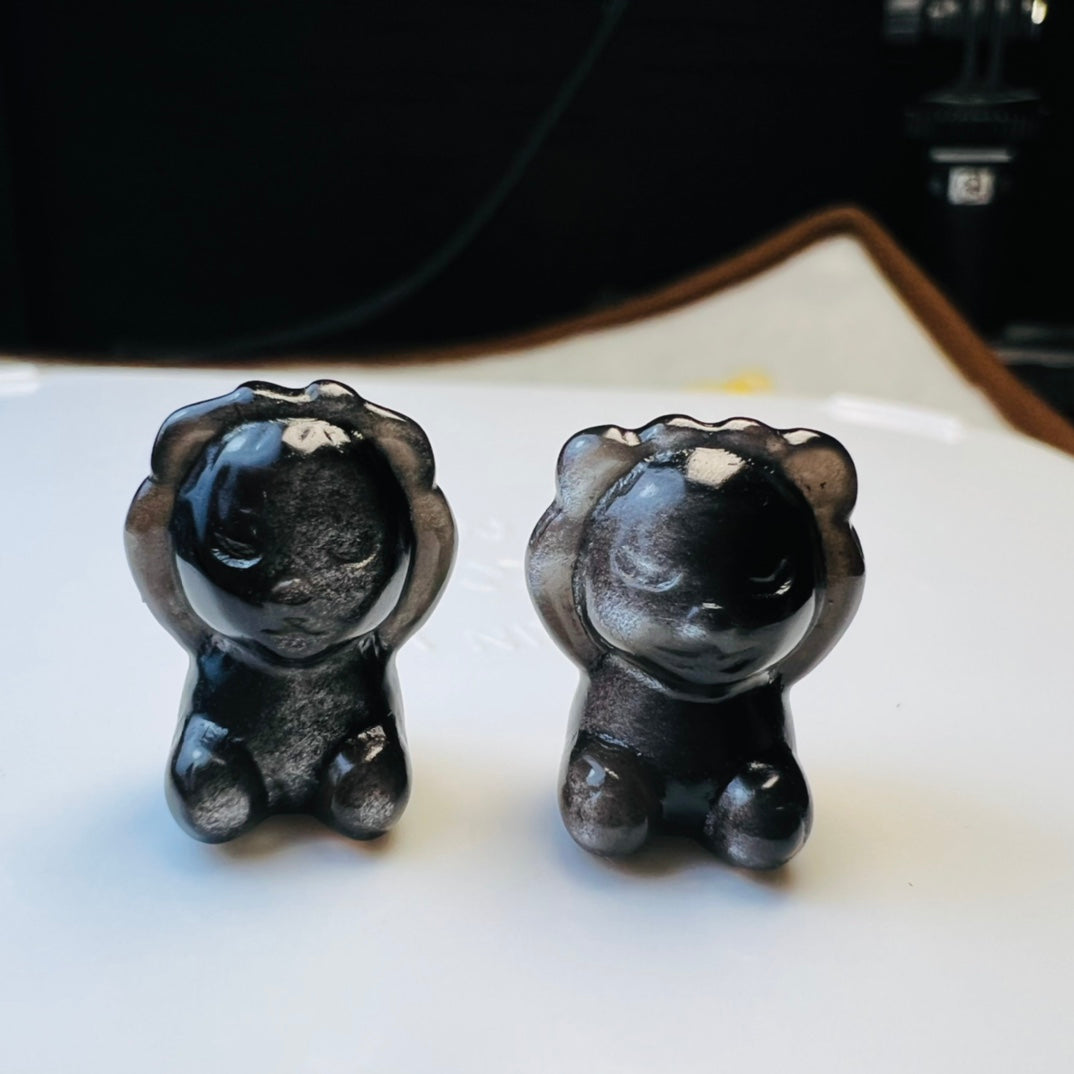 Mini Silver obsidian Bear Doesn't listen Carving crystal carving