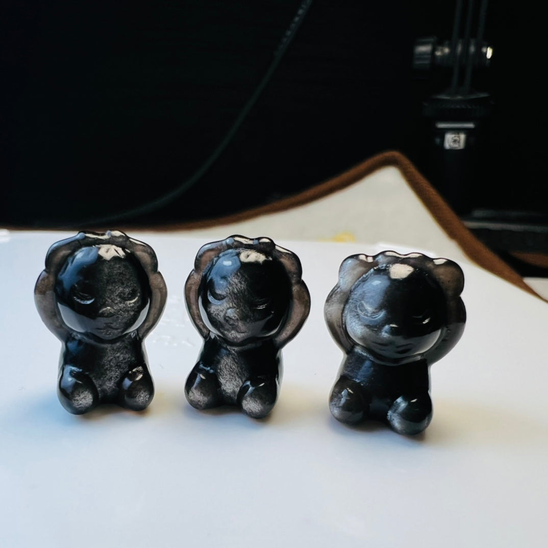 Mini Silver obsidian Bear Doesn't listen Carving crystal carving