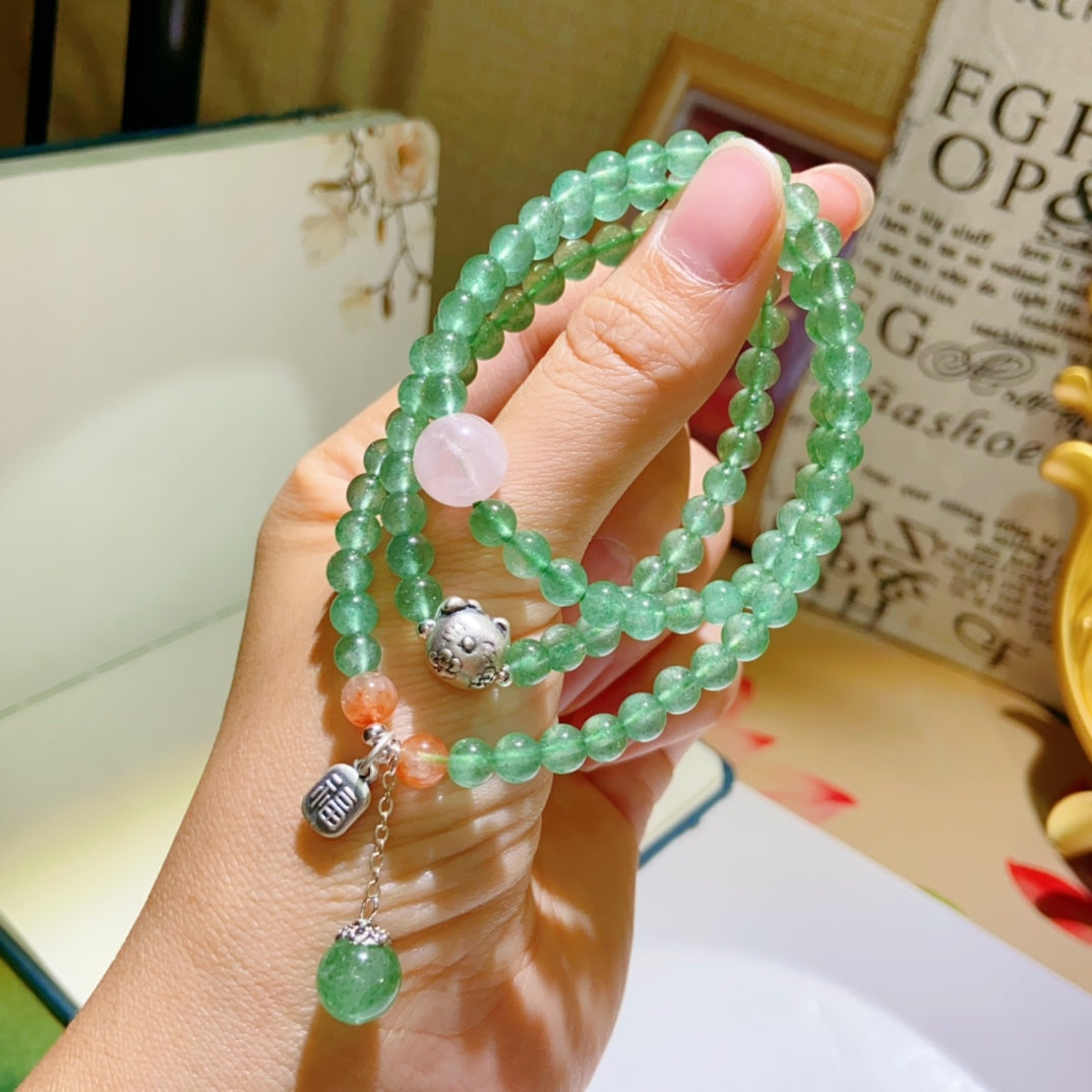 High-quality Natural Green Strawberry Quartz Triple-Layer Bracelet Original Design Bracelet