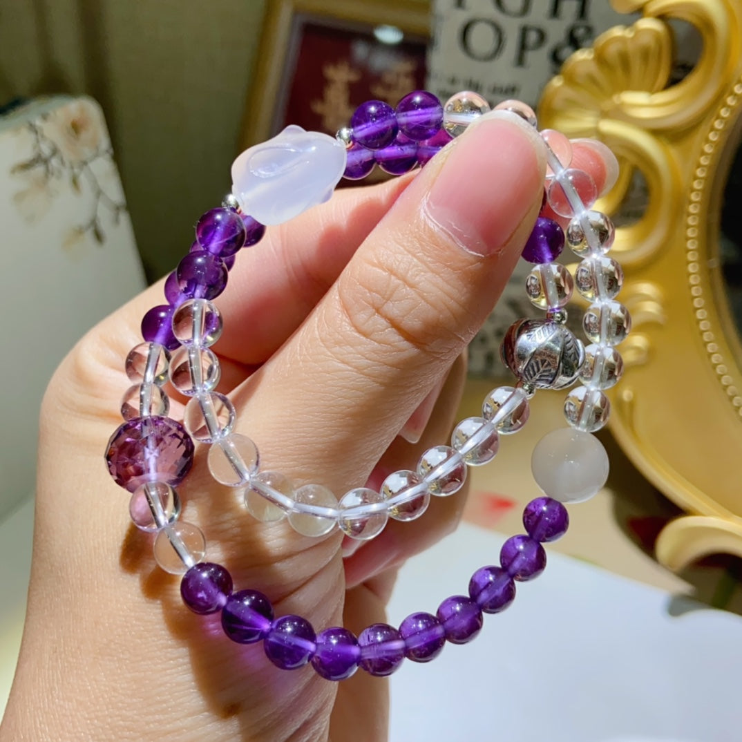 High-quality Natural Amethyst and Clear Quartz Double-Layer Bracelet Original Design Bracelet