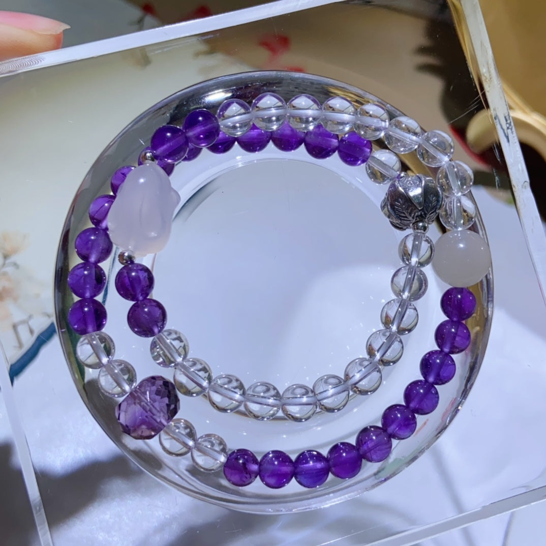 High-quality Natural Amethyst and Clear Quartz Double-Layer Bracelet Original Design Bracelet